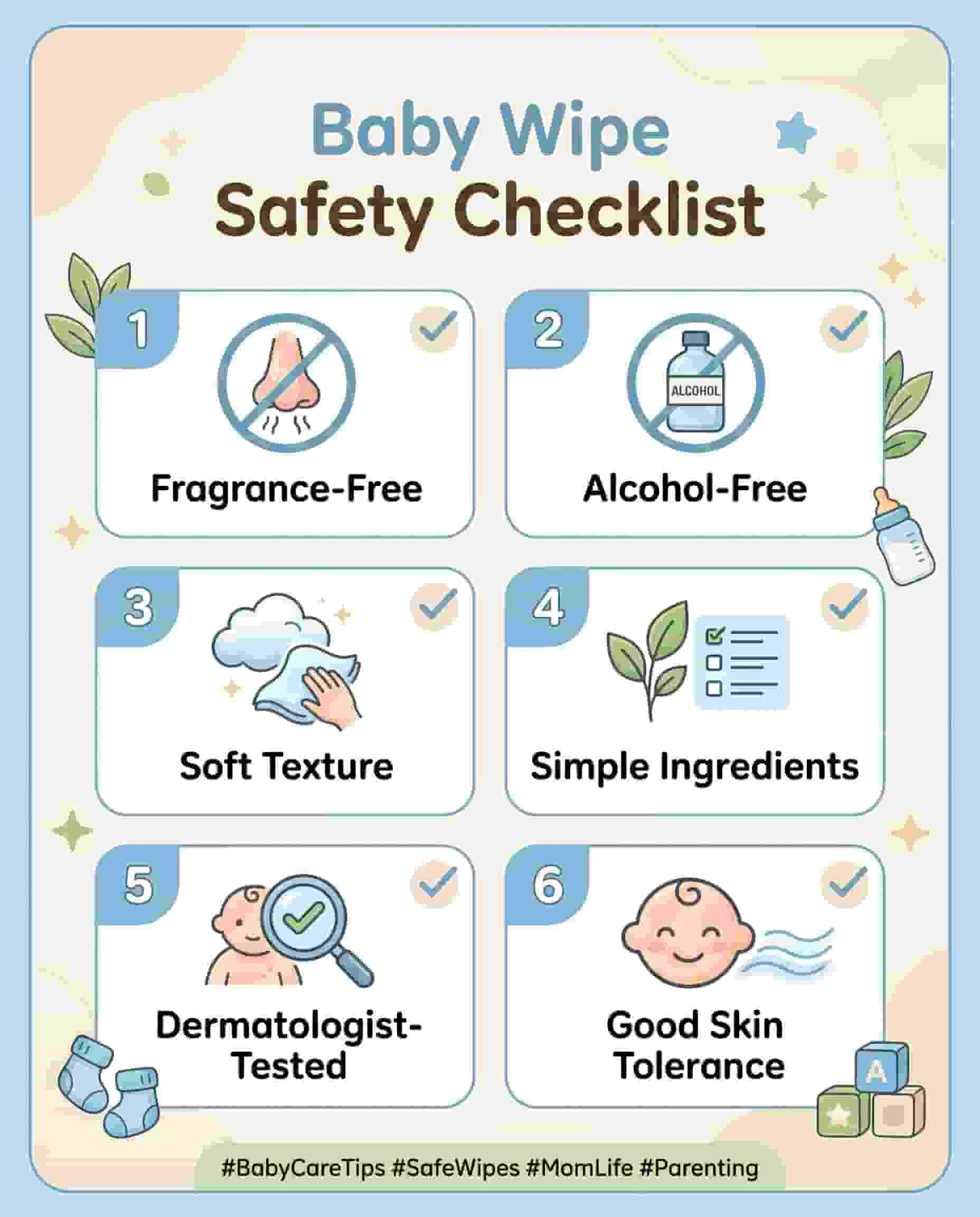Baby wipe safety checklist showing fragrance-free alcohol-free soft texture and simple ingredients